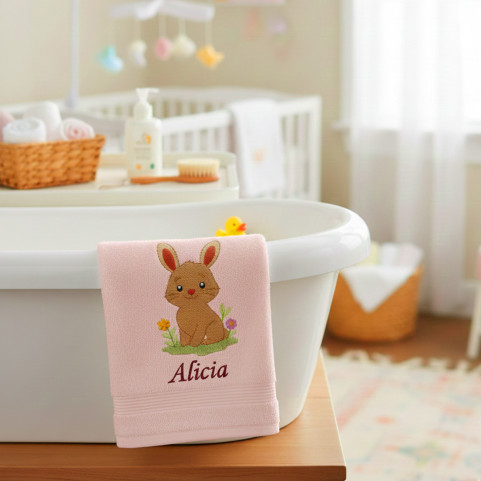 serviette de bain rose brodée lapin