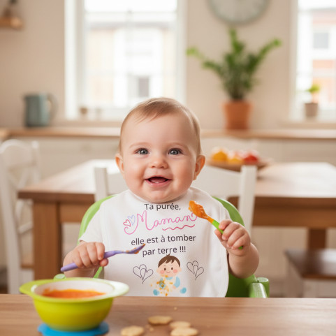 bebe qui porte un bavoir rigolo