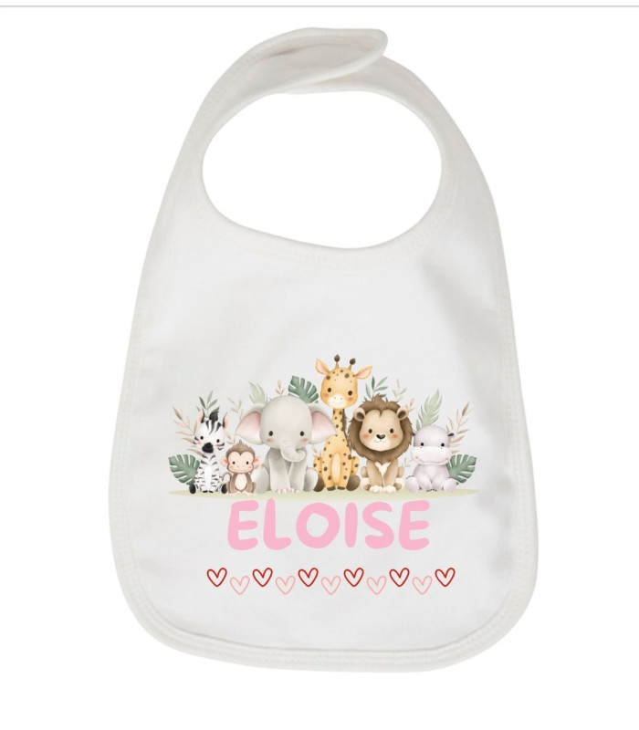 Bavoir Bébé Personnalisé avec Prénom - Motif Animaux de la Savane