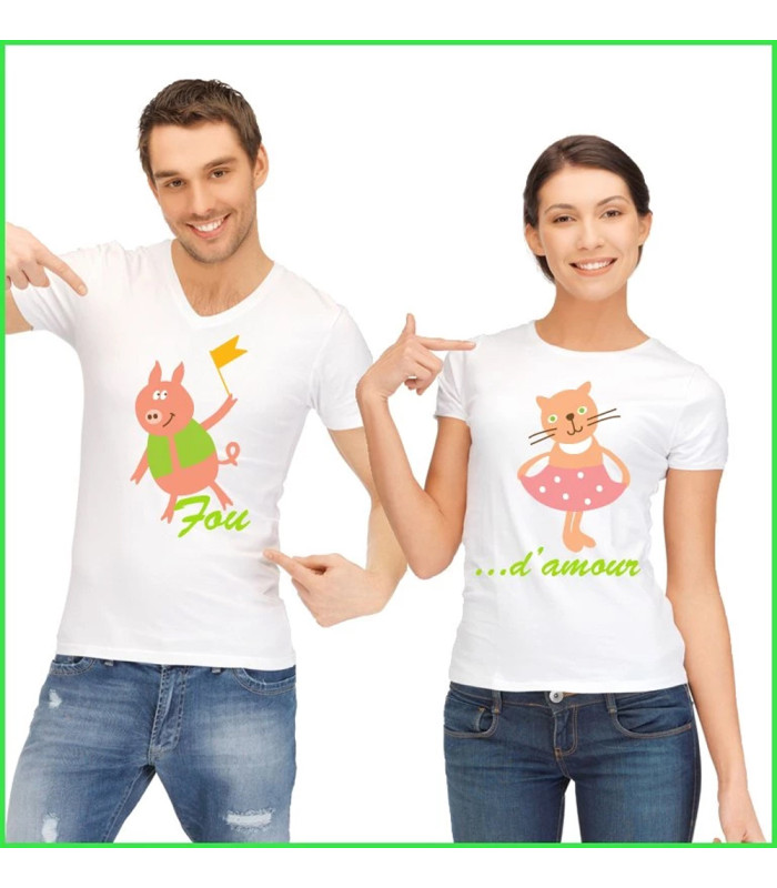 Duo de Tee-shirts Personnalisés Couple "Fou d'amour" - Cochon & Chat