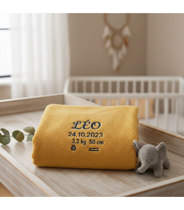Drap de Bain Bébé Jaune – Éponge 500g Brodé Prénom
