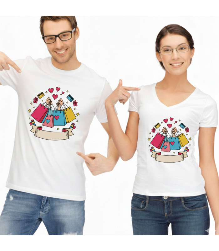 Duo de Tee-shirts Couple "Accro au Shopping" - Humour & Dérision