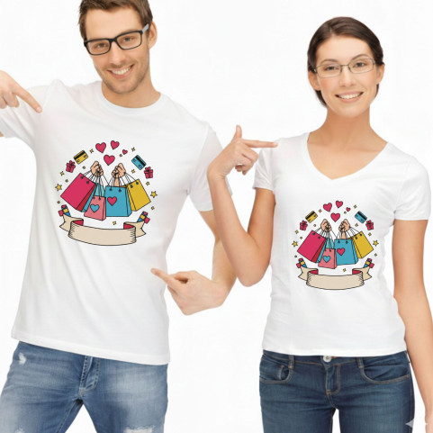 Duo de Tee-shirts Couple "Accro au Shopping" - Humour & Dérision