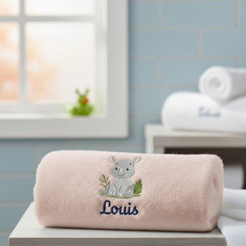 drap de bain rose brodé hippopotame