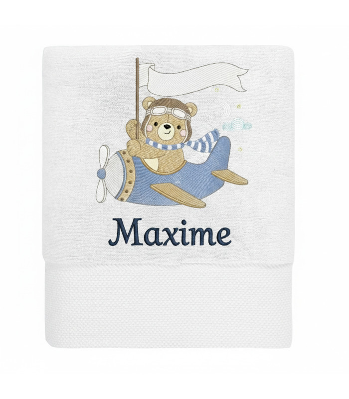 Drap de bain enfant personnalisé – Petit Ours Aviateur