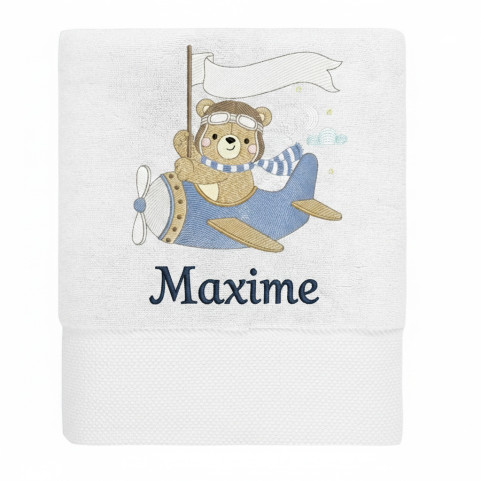 drap de bain brodé ours aviateur