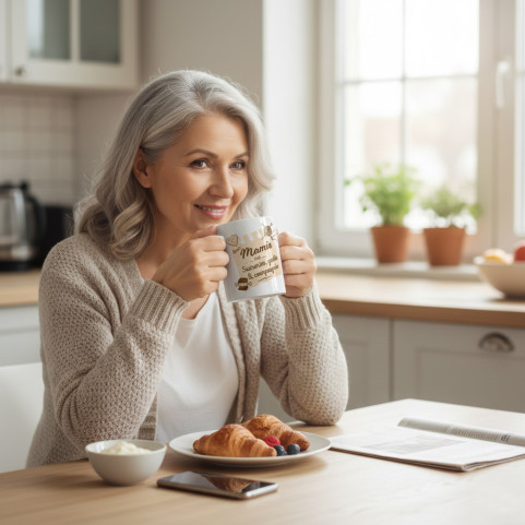 mamie boit un café dans un mug