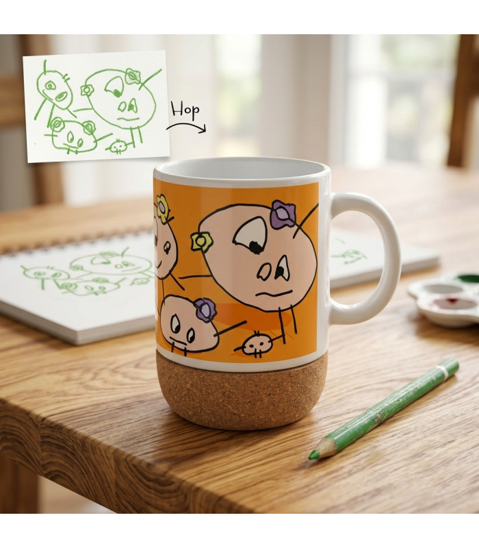 Le Mug avec Base en Liège Personnalisé avec le Dessin de votre Enfant