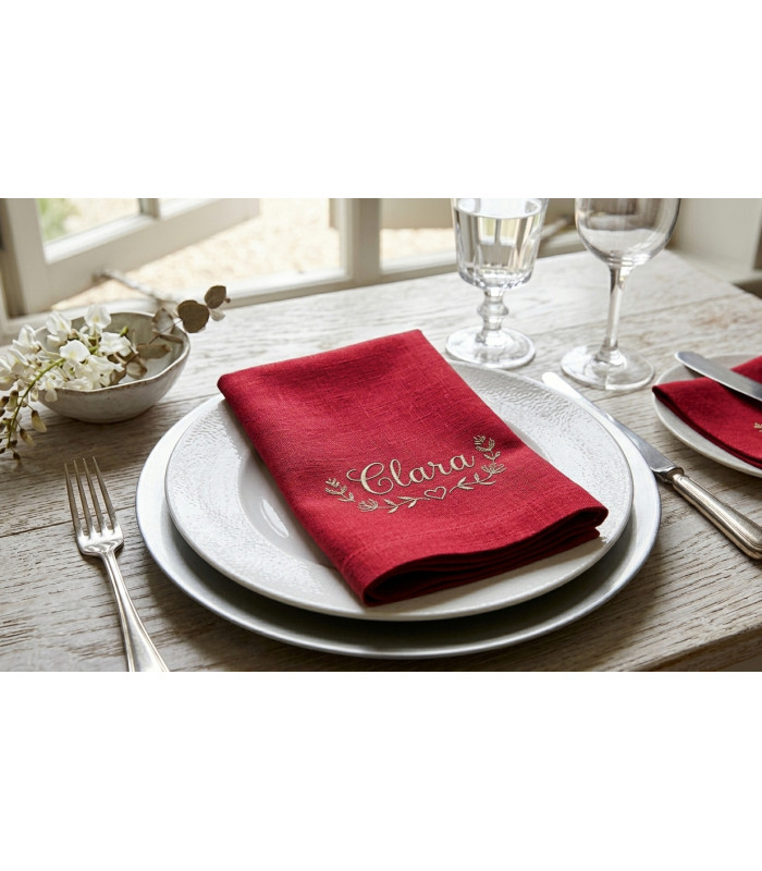 Serviette de Table Brodée Rouge - Couleur Forte et Élégante