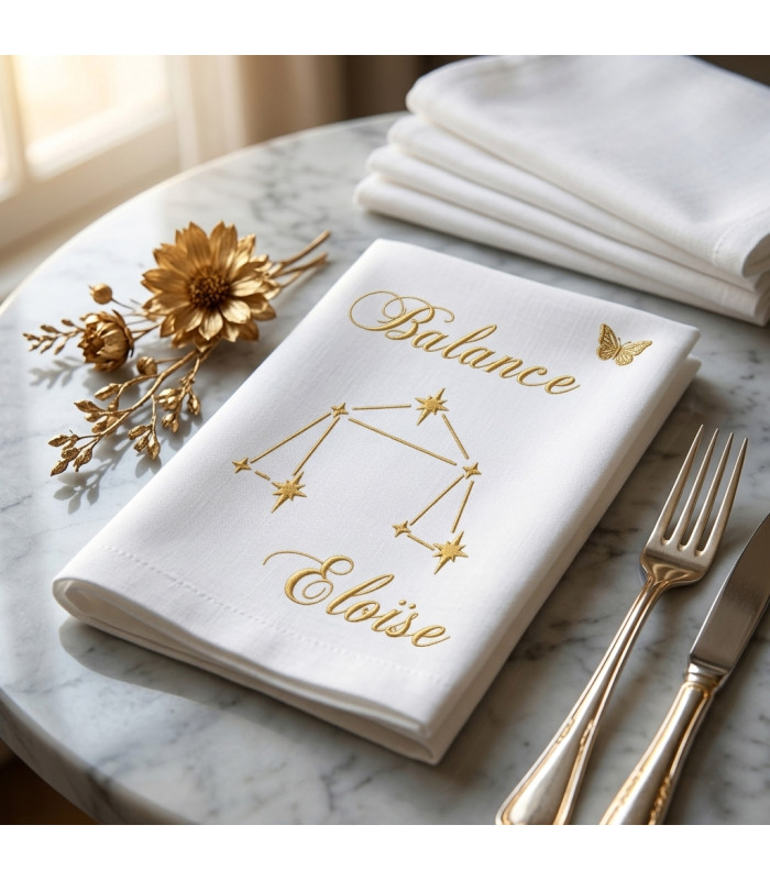 Serviette de table personnalisée brodée - Signe Astrologique Balance