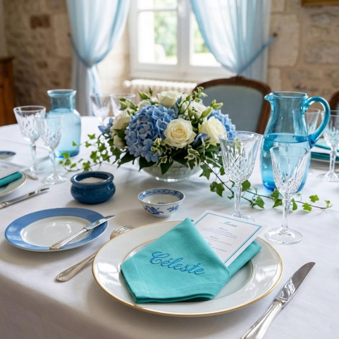 serviette de table bleu verre eau personnalisée prénom brodé