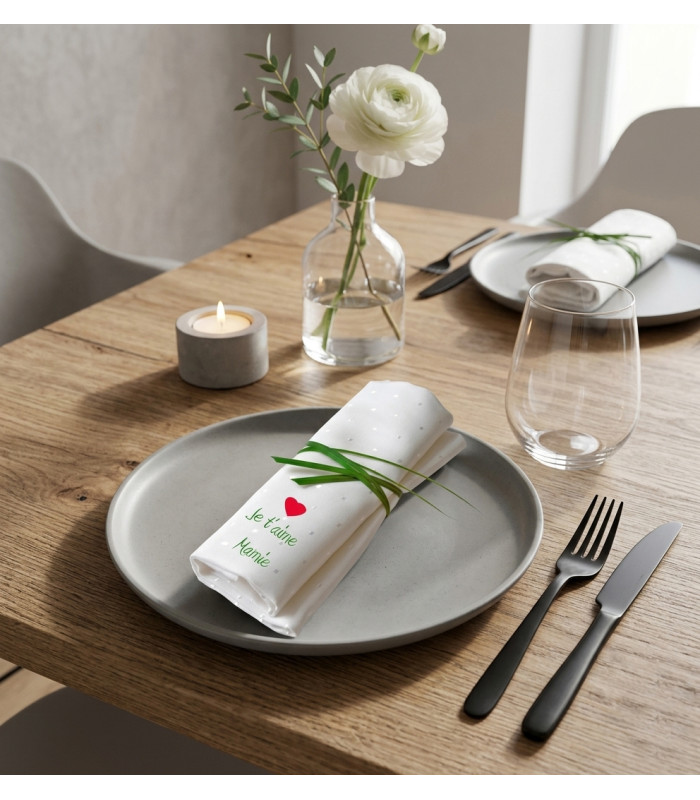 Serviette de Table Brodée Personnalisée pour Mamie - Cadeau Fête des Grands-Mères ou Anniversaire - Coton