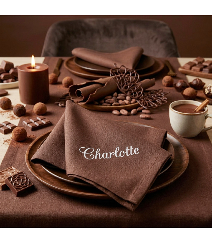 Serviette de Table Marron Chocolat Broderie Or - Coton ou Lin Personnalisée