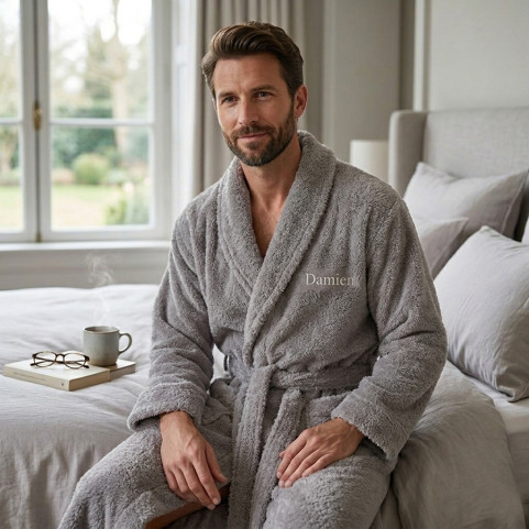 peignoir coton gris personnalisé avec prénom brodé