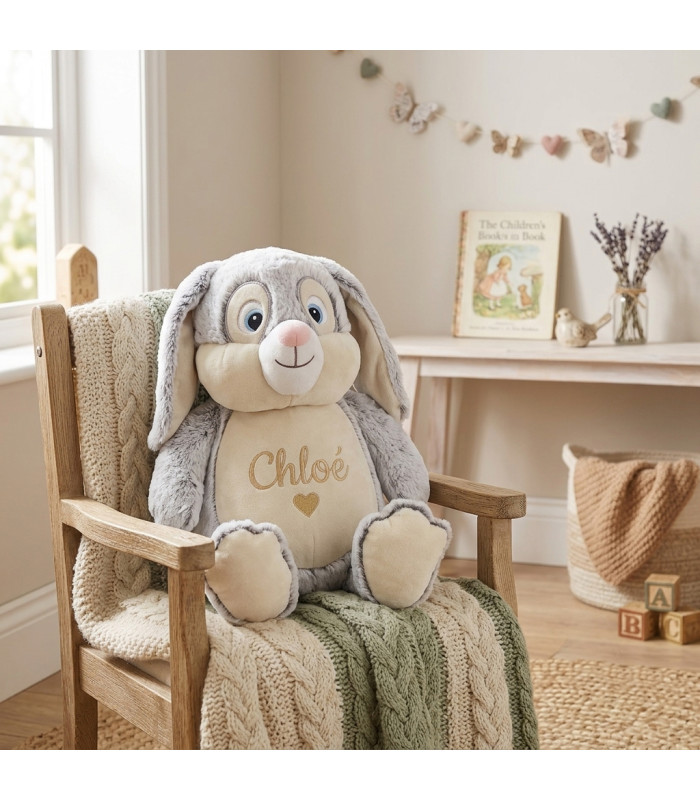Peluche Lapin Géant Brodé Prénom – Cachette Secrète et Range Pyjama