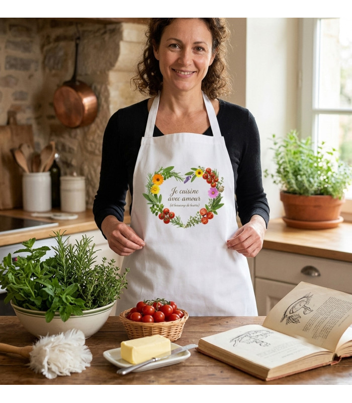 Tablier de cuisine personnalisé "Je cuisine avec amour"