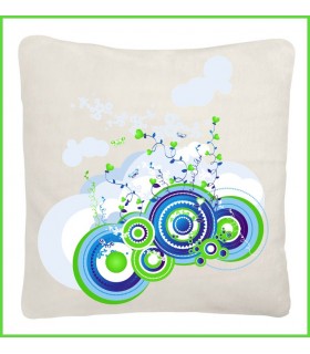 Joli coussin blanc tendance et design au format 40x40, motif bleu couleur blanc