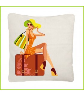 Jeune femme retro sur un coussin type années 50 au format 40x40