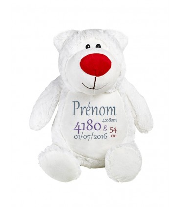 Peluche ours blanc brodé