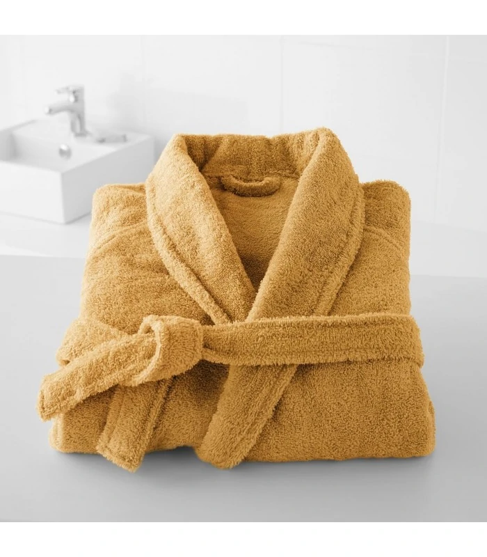 Peignoir brodé col chale jaune safran