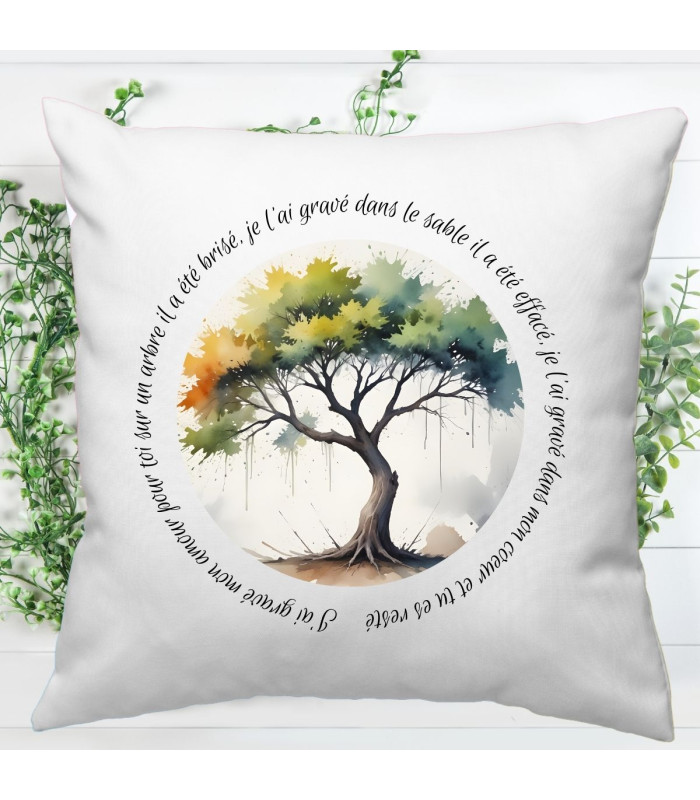 Coussin Décoratif "Amour Éternel" – Arbre Abstrait et Citation Romantique