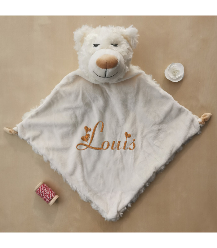 Doudou ours blanc brodé