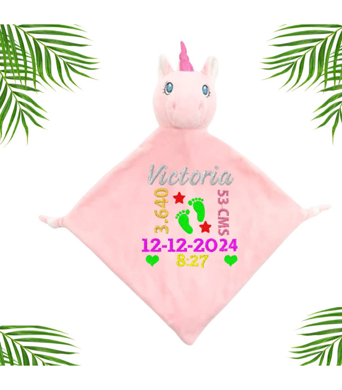 Doudou bébé licorne rose personnalisé prénom broderie