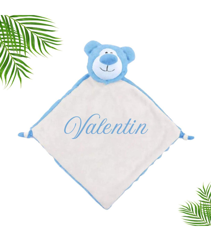 Doudou bébé ours bleu personnalisé prénom broderie