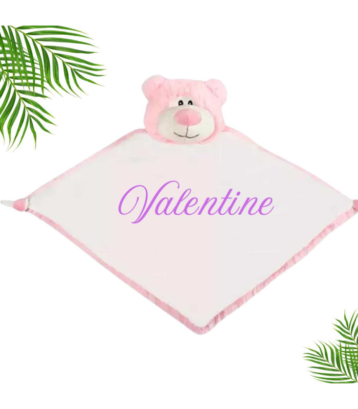 Doudou bébé ours rose personnalisé prénom broderie