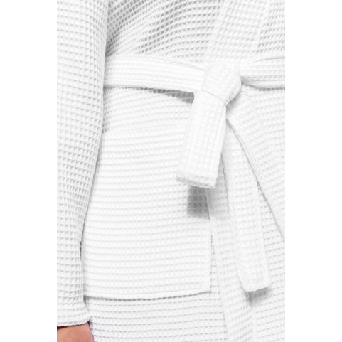 détail peignoir col kimono nid d'abeille blanc