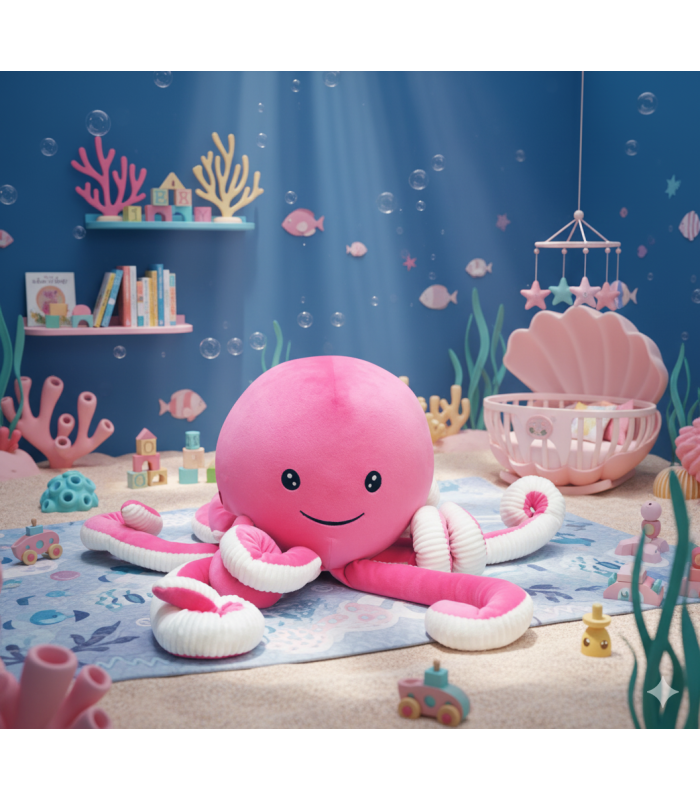 Peluche pieuvre rose brodée