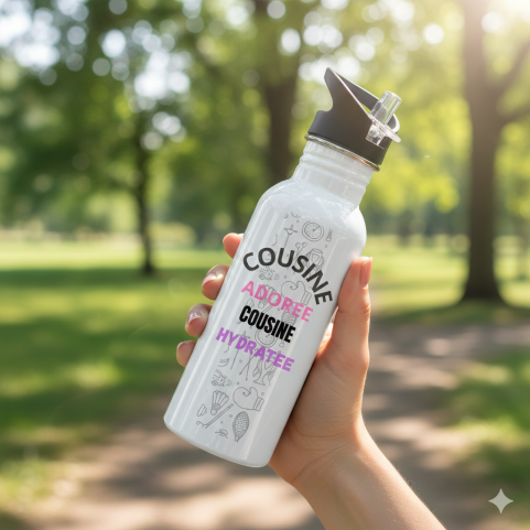 gourde en acier blanche personnalisée pour une cousine