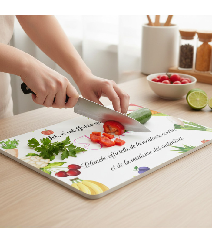 Planche à Découper en Verre Personnalisée "Cousine Adorée" – Verre Trempé Haute Résistance – Design Blanc Épuré