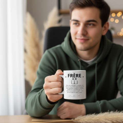 frere qui tient son mug dans la main