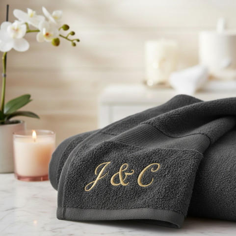 linge de bain gris anthracite brodé